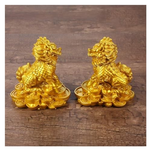 Statue Kirin or en résine haut de gamme : paire d'ornements impériaux de 7,5 pouces