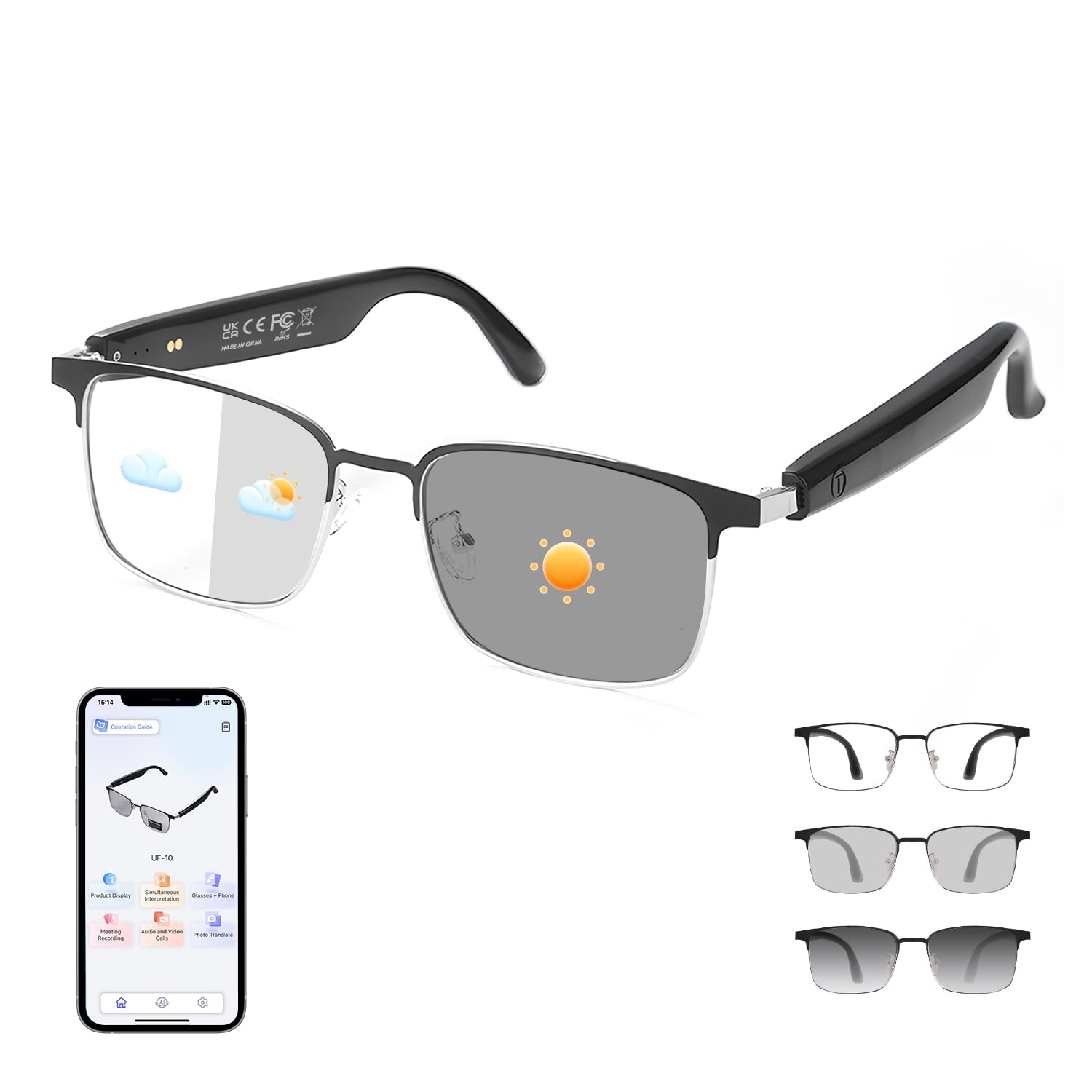 Al Smart Glasses for Men Women - Bluetooth Translation Glasses with 169 Languages Color-change Lenses Photo Translation Music