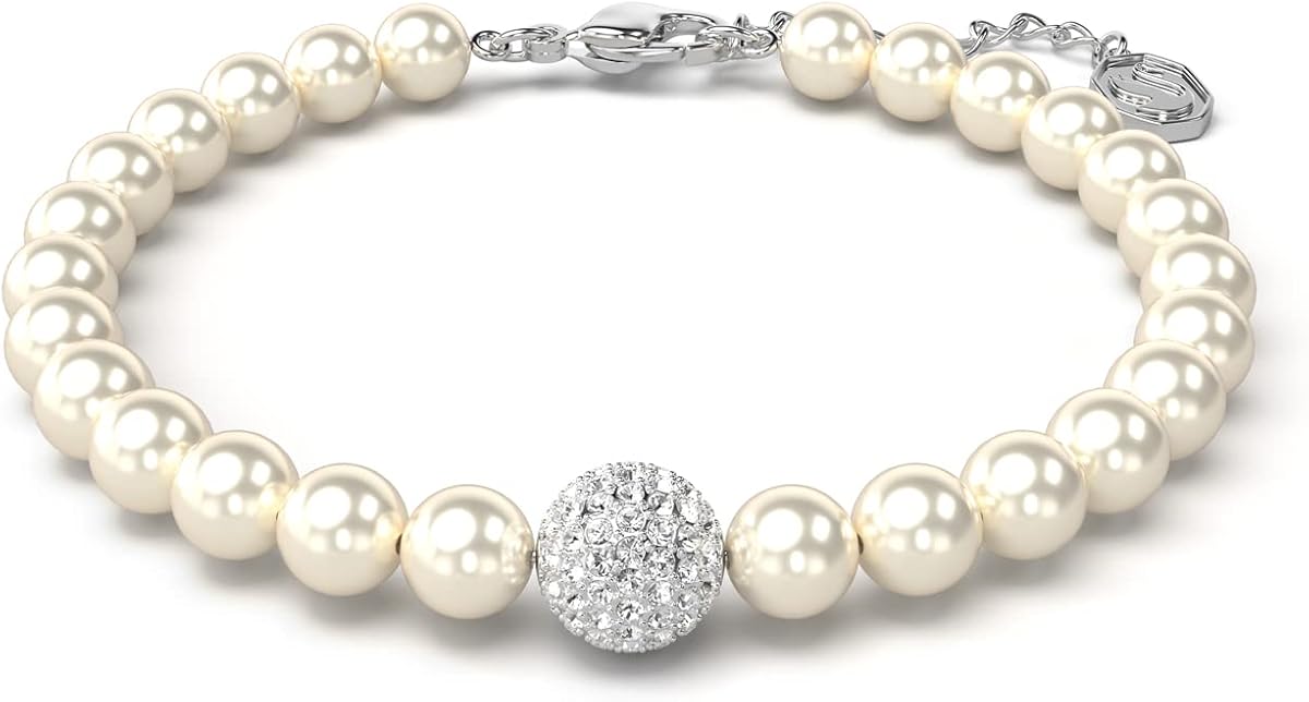 Remix Strand Bracelet, Crystal Pearls and Pavé-Set Sphere in a Rhodium Finished Setting, Part of the Remix Collection