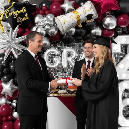 Image of Graduation Balloons Garland Kit 153Pcs, Maroon Black Silver Balloon Arch Kit with GRAD Letters Grad Cap Diploma Balloon Burgundy Balloons Arch for Class of 2026 Graduation Birthday Party Decor