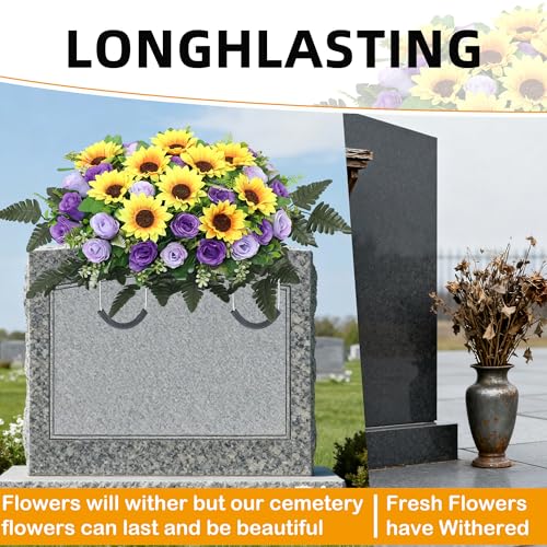 Lodou Artificial Cemetery Flowers Saddle-Shaped Tombstone Decorations,Large Headstone Flower Saddle,Rose Sunflower Memorial Flowers (Purple) image 4