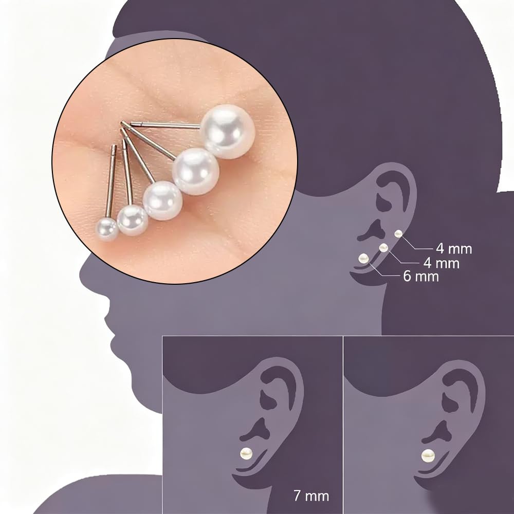 TSUOUKL 5 Paia Orecchini di Perle da Donna Orecchini di Perle Sfera Rotonda Orecchini Perline Argento 925, Ipoallergenici Orecchio Gioielli,Taglie Miste