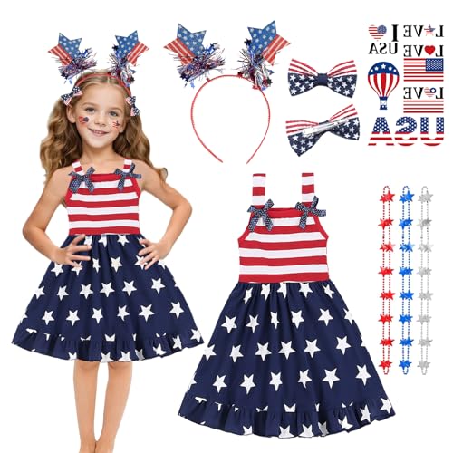Girls 4th of July Outfit Toddler Girl American Flag Dresses Headband Hair Clips Necklaces Face Tattoos 2-8 Years