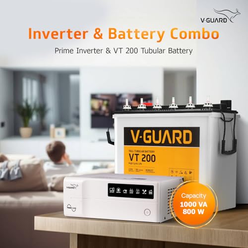 Image of V-Guard Prime 1150 Pure Sinewave 1000VA Inverter with VT 200 Tall Tubular Battery Combo | High Backup Performance | Tubular Plate Technology | 3-Year Inverter Warranty | 36+24 Months Battery Warranty