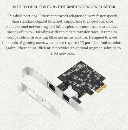 PCIe X1 to 2.5G Tarjeta de Red RTL8125B Adaptador Ethernet Gigabit para Desktop y Servidor, PCI-E x1 LAN Card 2500Mbps con Indicadores LED Dobles, Soporte Full & Low Profile (Doble RJ45) miniatura 2
