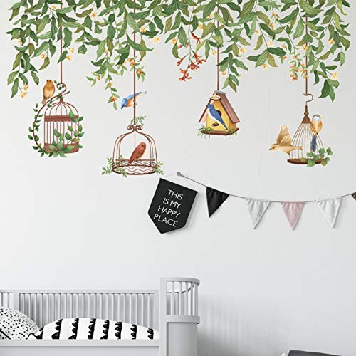 Flower Vine Tree Branch Wall Decals With Birdcage, Colorful Birds Green Plants Wall Stickers, Flowers Flying Bird Diy Art Murals For Bedroom Living Room Kids Rooms Nursery Wall Décor #TOP6