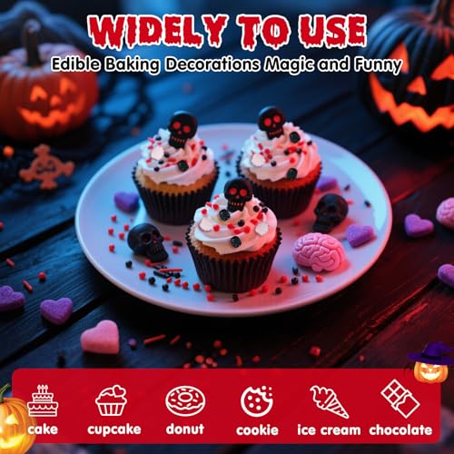 Image of Edible Halloween Sprinkles for Cake,Purple Heart Pink Brain and Black Skull Monster Sprinkles,Red Black Pearls and Jimmies Mixed,Horrifying Sprinkle 130g,Perfect for Cake Decorations, Baking,Ice Cream,Cookies,Cupcake Topper,Halloween Supplies Children Party