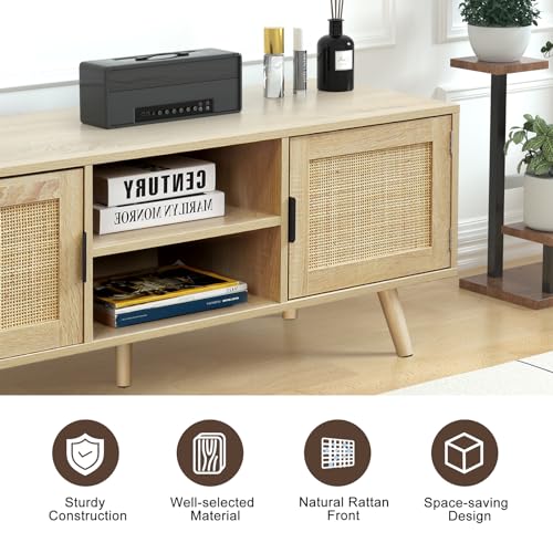 Anmytek Farmhouse Rattan TV Stand Modern Wood Media Entertainment Center Console Table for TVs up to 55 Inches with 2 Doors and 2 Open Shelves, Natural Oak, H0015 - Image 7