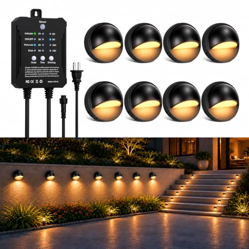 8 Pack Low Voltage LED Deck Lights Kit with Plug-in Transformer, Dusk-to-Dawn Photocell Sensor and...