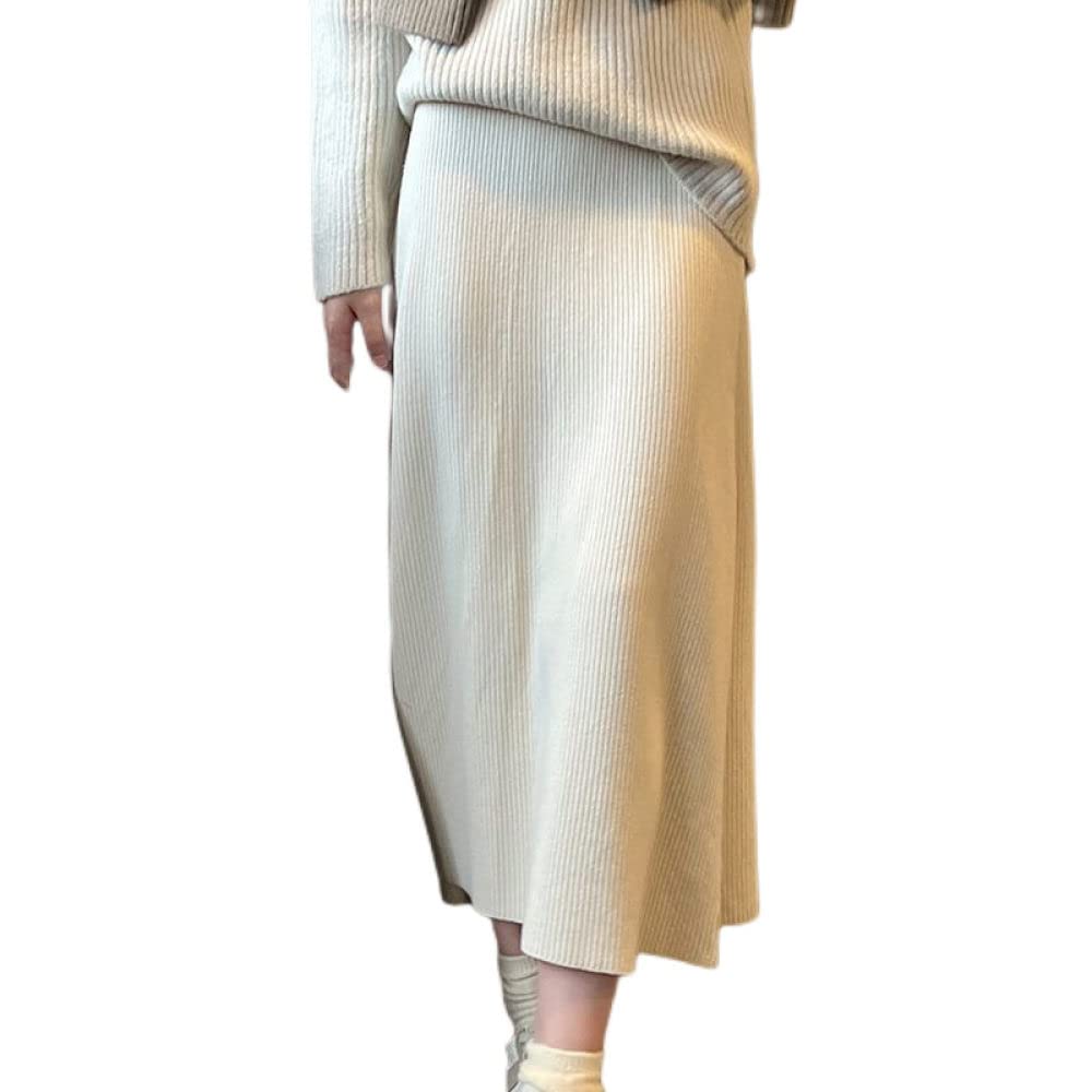 OZEO Rock Damen,Damen-Midirock Beige Retro-Streifen Strickrock Einfarbig High WAIS A-Linie Swing Geraffte Elegante Lange Röcke Für Mädchen Damen Frühling Herbst, Xs