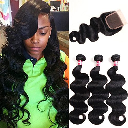 WENYU Brazilian Virgin Body Wave 3 Bundles with Closure 100% Virgin Body Wave Human Hair Weave Weft Extensions with 4x4 Lace Closure Natural Color(16 18 20 W 16 Closure)