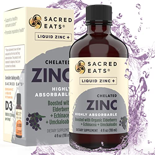 Liquid Zinc (Glycinate Chelate) With Organic Elderberry & Echinacea (High In Quercetin) | 4-In-1 Immune Suport Supplement For Adults & Kids, Great Tasting | Alcohol & Gluten Free, Non Gmo (4.0 Oz) #TOP8