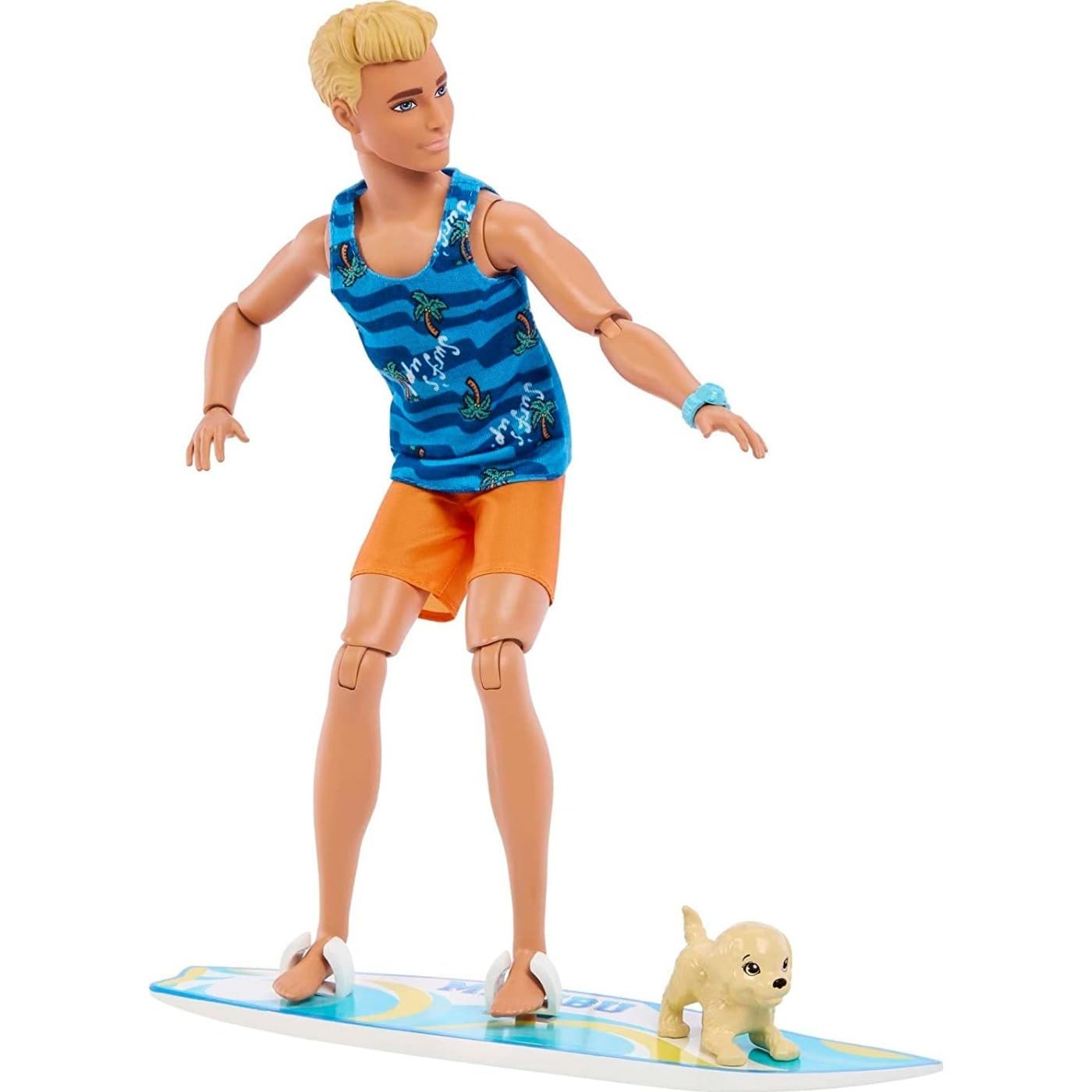 Barbie Ken Surfer Set - Bewegliche Blonde Ken-Puppe mit Surfbrett, Hündchen und Strand-Accessoires für belebende Strandabenteuer, für Kinder ab 3 Jahren, HPT50