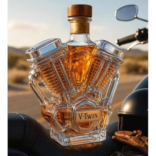 ウィスキ一デカンタ - 工芸品 アート置物, 300ml Vツインウイスキーデキャンタ彫刻、ガラスワインボトルオーナメント、オートバイエンジンデザインワインディスペンサー(F)