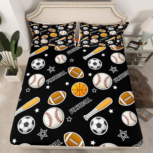 Football Boys Fitted Sheets Twin Size,Baseball Basketball Bedding Sets 2Pcs for Kids Teens Men Room Decor,Ball Sport Theme Bed Sheets Modern Black Deep Pocket Sheet,1 Pillowcase