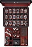 ROTHWELL 18-Slot Watch Case with Drawer – Luxury Watch Box for Men, Real Glass Top, Lockable, Display Case for Collections (Black/Red)