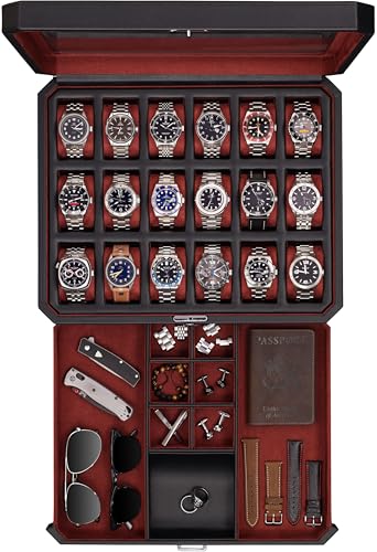 ROTHWELL 18-Slot Watch Case with Drawer – Luxury Watch Box for Men, Real Glass Top, Lockable, Display Case for Collections (Black/Red)
