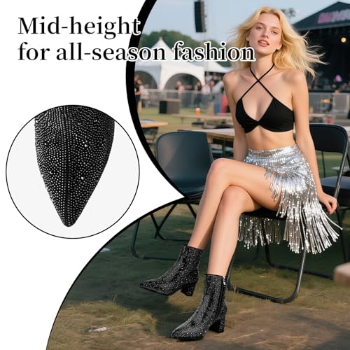 Image of MISSMILLER Rhinestone Boots for Women Sparkly Cowgirl Boots Pointed Toe Chunky Heels Rhinestone Cowboy Boots