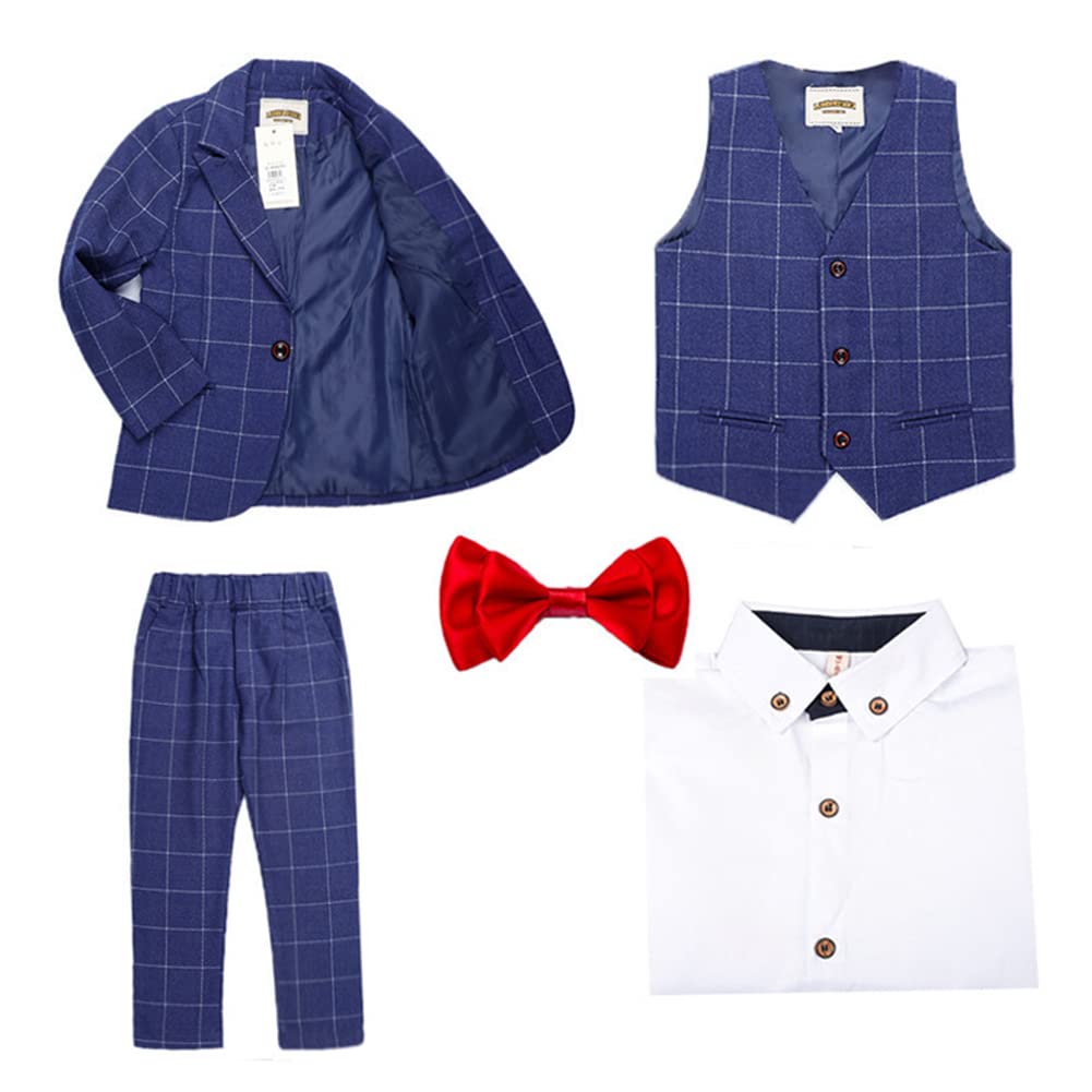 Traje de Boda para Niño,Trajes de Esmoquin de Caballeros para Fiesta Ceremonia Bautizo,Elegante Conjunto de 5 Piezas de Traje Formal a Cuadros Chaqueta+Chaleco+Camisa+Pajarita+Pantalones
