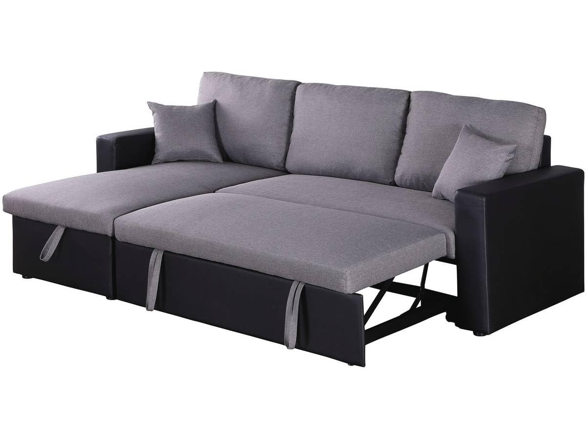 Habitat et Jardin - Canapé d'angle Convertible et Réversible Alain 3 Places Noir et Gris - Canapé Lit Moderne en Tissu Lin - Espace de Stockage (Méridienne) - Design