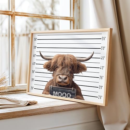 Image of aj decor Highland Cow Mugshot Wall Art Print Poster, Dog Pet Lover Picture Painting Artwork Bedroom Living Room Office Dining Room 151D (Highland Cow Mugshot, 11 inch W x 14 inch L, Wood Frame)