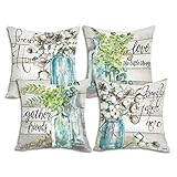 Pack of 4 Decorative Throw Pillow Cover Pink 18x18'' Farmhouse Flowers on Vase Cushion Cover Square Pillow Cases for Couch, Sofa, Bed, Car, Livingroom Bedroom Home Decoration