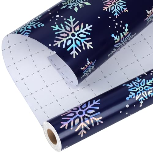 LaRibbons Navy Blue Christmas Wrapping Paper Roll 17 Inch x 33 Feet Holographic Foil Snowflake Design with Cutting Grid Holiday Gift Wrap for Winter Birthday & Seasonal Party Decoration