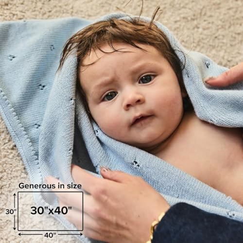 Image of 100% Organic Cotton Knit Receiving Baby Blanket for Newborns - Soft, Breathable Blanket for Crib & Stroller - Nursery Gift (Baby Blue)