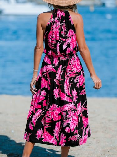 Image of CUPSHE Women's Midi Dress Halter Floral Sleeveless Belted Ruffled A Line Casual Summer Dress