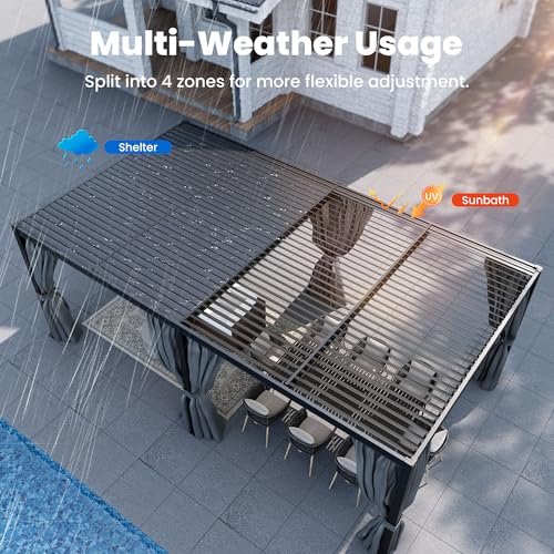 COSIEST 10'X20' Aluminum Louvered Pergola, All-Weather Adjustable Roof with Mosquito-Proof & UV Protection Netting Privacy Curtains for Deck, Backyard, Garden Outdoor Living Space (Black) - Image 3
