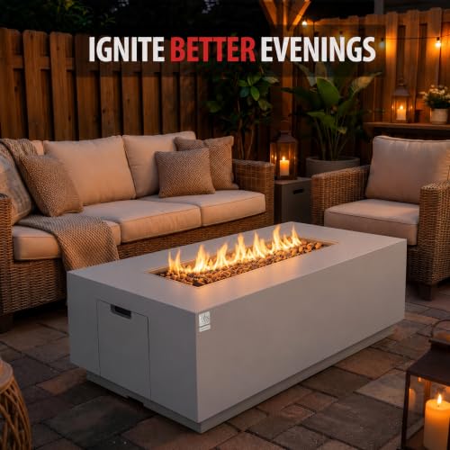 Image of AMS 66 inch Rectangular Concrete Propane Gas Fire Pit Table only (Light Gray) | (Carlsbad) GFRC, 65000 BTU Patio Table with Tank Storage, Repair Kit, Water Resistant Canvas Cover & Electronic Ignition