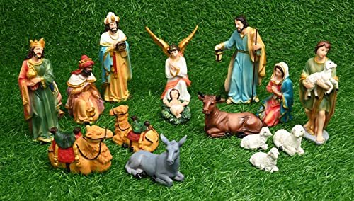 Image of KariGhar Nativity /Crib Idols Set of 16 Pieces (6 inch)[Pack - Crib House,Mary, Joseph, Baby Jesus, Angel, 3 Wise Men, The Shepherd, 7 Animals], Multicolour, A0096