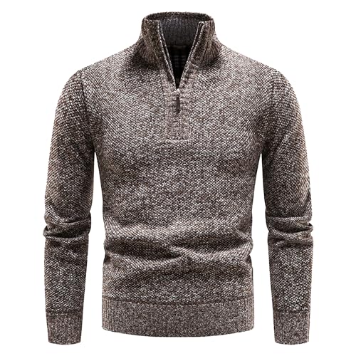 JEKE-DG Men's Long Sleeve Fleece Quarter-Zip Sweater Casual Pullover Ribbed Knit Male Slim Knitted Wool Sweaters (3X-Large,Light Coffee)
