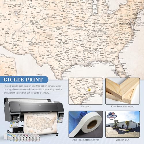 Image of IPIC - Vintage USA Map Pin Board Canvas Wall Art, Travel Map with Pins Included, Ready to Hang for Home or Office 30x24 Inch