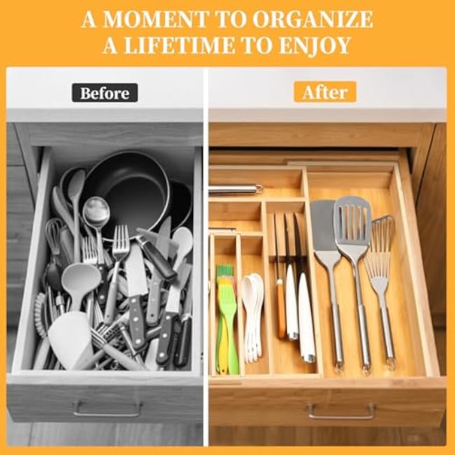 TGS Kitchen Silverware Organizer 19''L x 18''W Bamboo Drawer Organizer Expandable Utensil Holder with Removable Knife Block Exra Large Size (18.5 or 33 x 17.37 x 2.64)