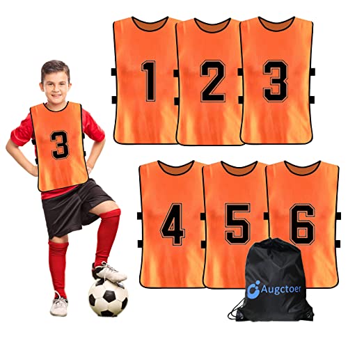 Augctoer Numbered Soccer Pennies, Scrimmage Vest Sports Pinnies, Team Practice Pinnies, Soccer Bibs Training Vest for Adult Youth (6pcs)-Orange-M, Red, Medium