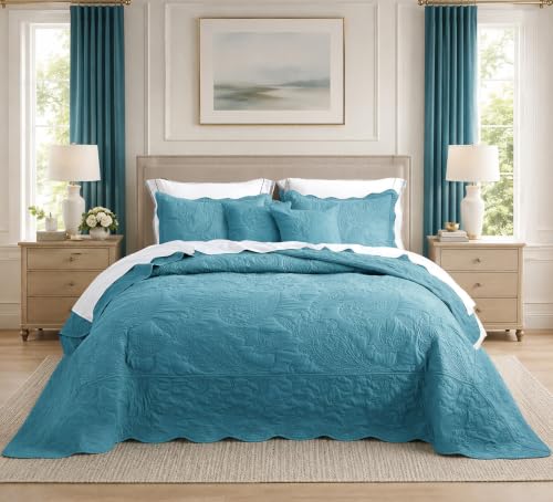 Image of HZ & HY Oversized King Bedspreads 128x120, Stitched Paisley, Blue