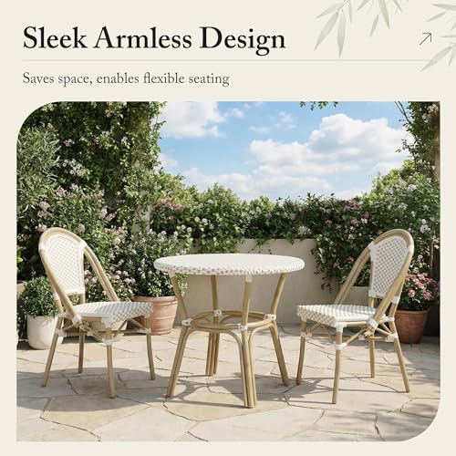 Image of PURPLE LEAF Outdoor Dining Chair Set of 1 Patio French Aluminium Frame in Champagne Finish with White & Gray Woven Rattan for Indoor Kitchen Deck Bistros Cafe Restaurant