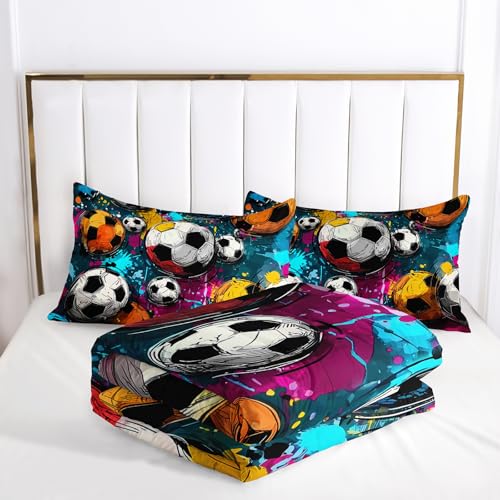 Image of Soccer Comforter Queen Size,Sport Kids Comforter Set,3Pcs Bedding Set Printed Comforter with 2 Pillowcases,Down Alternative,Soft and Lightweight,for All Seasons