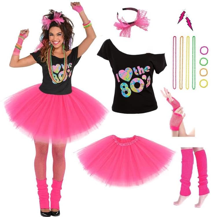 Women's 80's Costumes with Accessories Set Tutu Skirt Earrings Necklace Bracelets Fishnet Gloves Legwarmers Headband All in … - Image 2