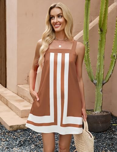 Image of Fiona Jolin Women's Striped Mini Dress Boho Shoulder Strap Sundress Summer Cover Up Dress for Beach