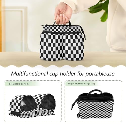 Image of Luggage Cup Holder for Suitcases Free Hands Suitcase Cup Holder Travel Luggage Drink Holder Portable Luggage Cup Caddy Bag Carrier with Handle Checkered Black and White