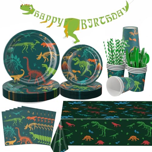 Dinosaur Plates and Napkins for Birthday Party Dino Tableware Set,Dinosaur Party Decorations Dino Plate Baby Shower,Disposable Dinosaurs Dinnerware Set with Tablecloth Cup Banner for Kids Boy Serve 24