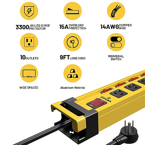 Plug'N Power Strip 10 Outlet,3300J Surge Protector With Individual Switches,9Ft Power Cord 14Awg/15Amp/1875W,Heavy Duty Metal Power Strip With Cord Manager,For Workshop,Garage,Shop,Home thumb #4