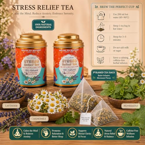 Image of Sancha Tea Boutique, Stress Relief Herbal Tisane, 25 Pyramid Bags x Pack of 2, Caffeine Free Infusion of Chamomile, Lavender & Mint, Calming & Relaxing Floral Blend