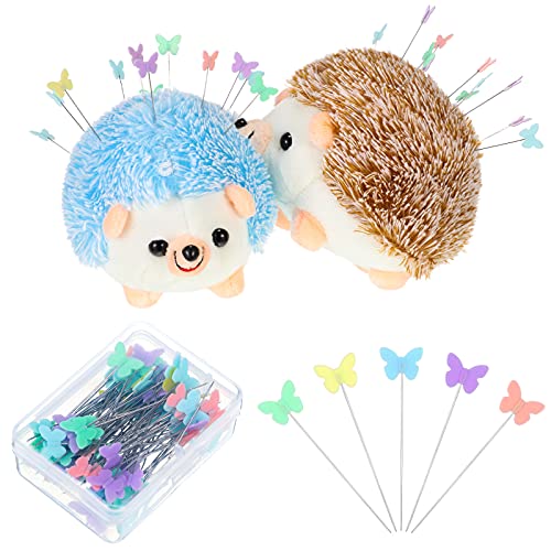102 Pieces Hedgehog Pin Cushion Cute Large Pin Cushion Furry Straight Pins Cushion Butterfly Flat Head Sewing Pins DIY Crafts Sewing Set Needle Cushions Holder for DIY Jewelry Decor (Brown, Blue)