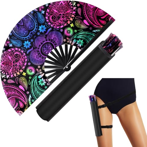 Image of FairySandy Large Rave Fan UV Glow Clack Summer Hand Fan with Thigh Holster for Women Carnival Party Supplies for Carnival Edm Music Festival Club Accessories(Paisley,Purple)