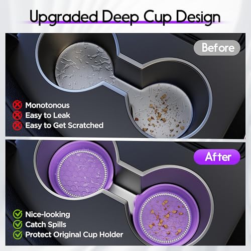 Image of Amooca 4-Pack Car Cup Holder Coaster Bling Crystal Rhinestone Car Interior | Universal Fit Most Car SUV Truck, Non-Slip Silicone, Spill-Proof Deep Cup Shape, Heat Resistant, Sparkly Decor, Purple