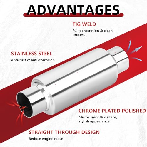 Image of LCGP 2.5 inch Inlet Universal Resonator Muffler, 2.5 inch Outlet 12 inch Overall Length Stainless Steel High Performance Muffler, Polished, Pass-Thru Design
