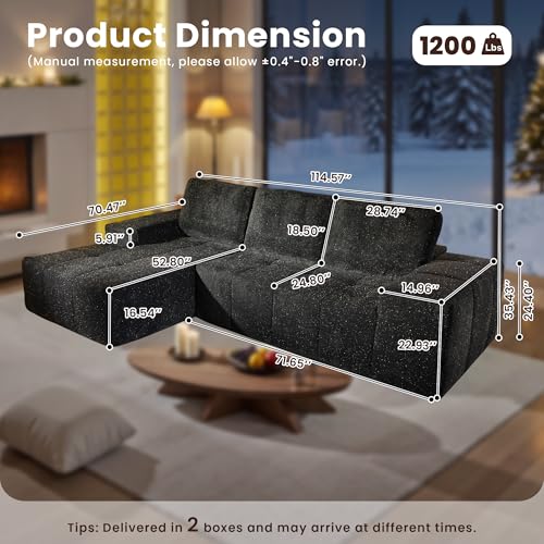 Image of 114 inch Glitter Cloud Sectional Couch with L-Shape Chaise, Modern Boneless Couches for Living Room, Fluffy Tufted Deep Seat Modular Sofa in a Box No Assembly
